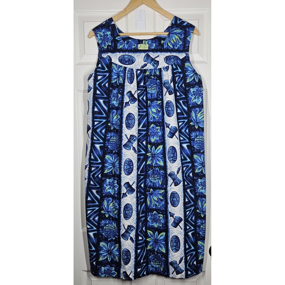 VTG 1960's Ui-Maikai Floral Tiki‎ Hawaiian Muumuu Tent Dress Sleeveless L Cotton